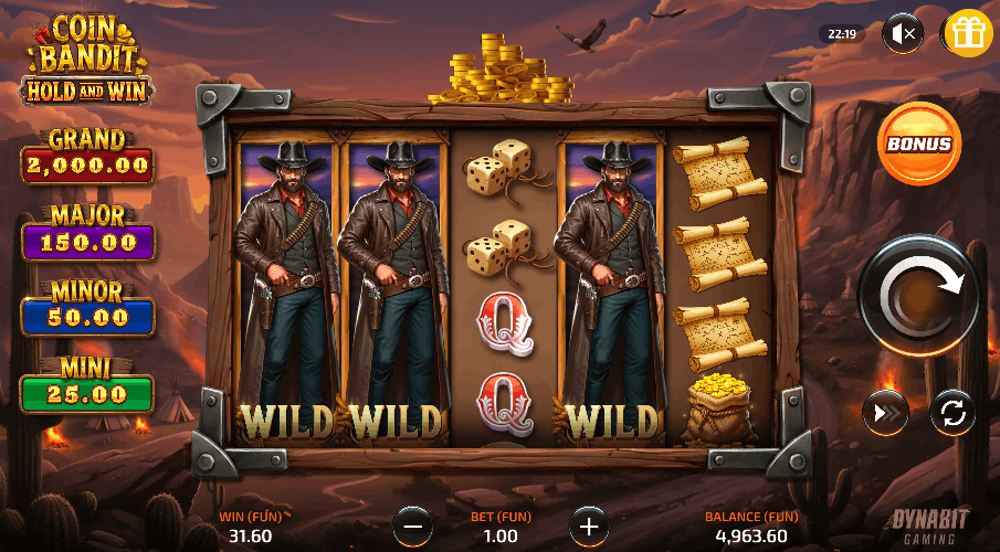 Coin Bandit Dynabit Gaming &mdash; cluster Hold&Win western con RTP 96,00% en OnePlay